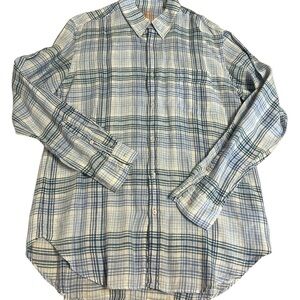 J McLaughlin Mens Large 100% Linen Plaid Oxford Shirt Summer Classic Coastal
